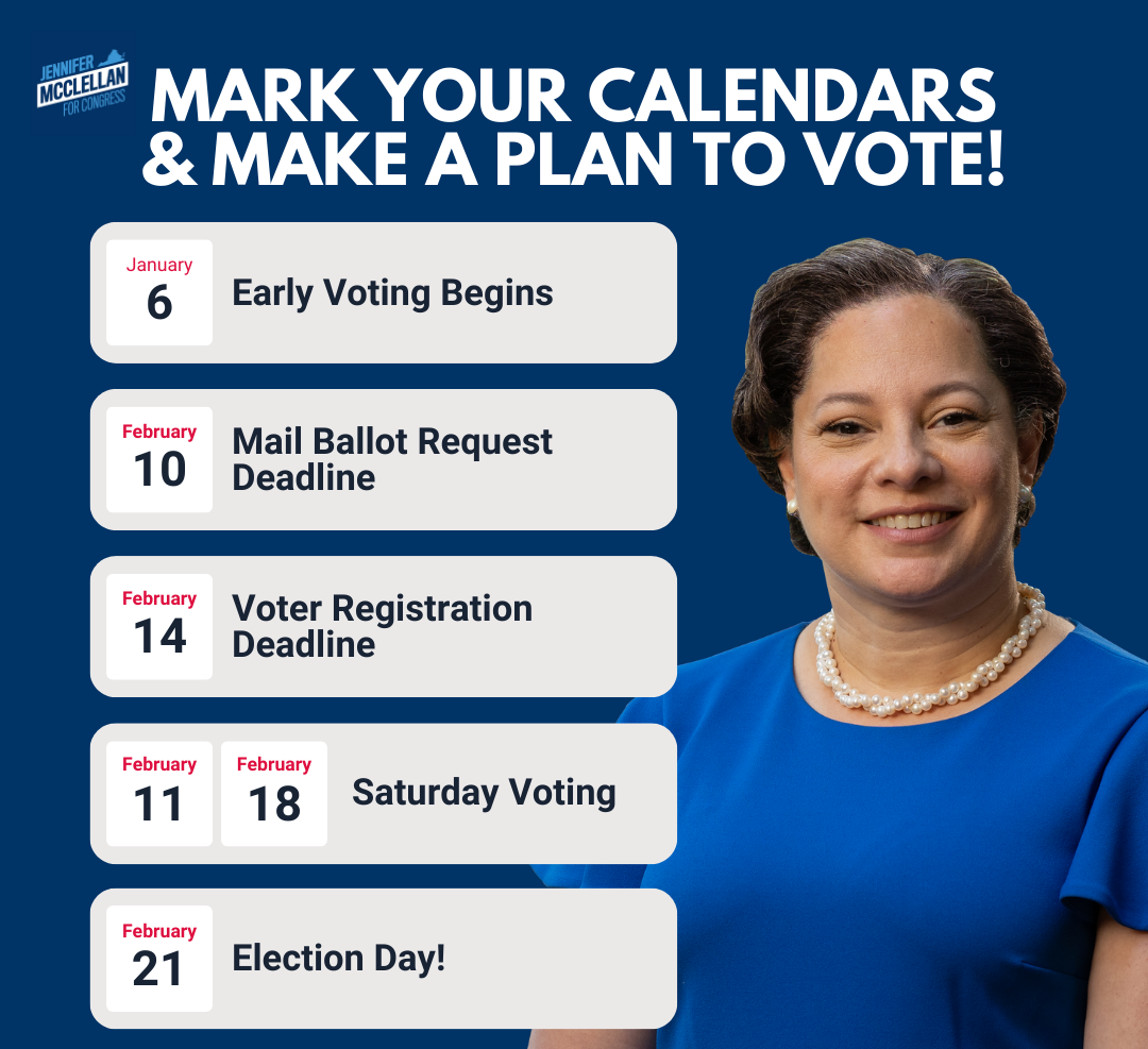 Mark your calendars and make a plan to vote!
January 6: Early Voting Begins
February 10: Mail Ballot Request Deadline
February 14: Voter Registration Deadline
February 11 and 18: Saturday Voting
February 21: Election Day!